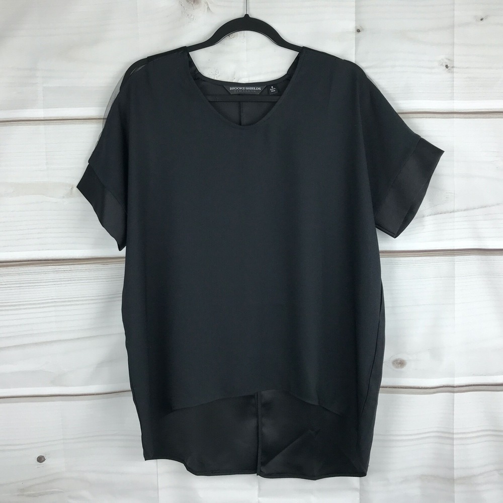 BROOKE SHIELDS Top Womens S Black Timeless Mesh Shoulder V-Neck Short Sleeve